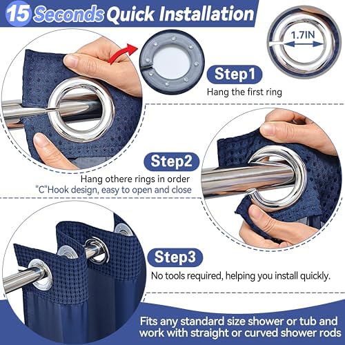 Conbo Mio Extra Long No Hook Waffle Weave Shower Curtain with Snap in Liner Set, Hotel Luxury Navy Blue Shower Curtains for Bathroom with See Through Top Window, Waterproof, Washable 71W x 84H
