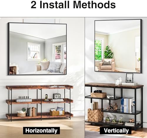 BONEWEI Bathroom Mirror,36x40 inch Wall Mirror for Bathroom Wall Mounted Black Rectangle Square Corner Mirrors, Black Bathroom Mirror for Living Room, Farmhouse, Bedroom Entryway, Horizontal/Vertical