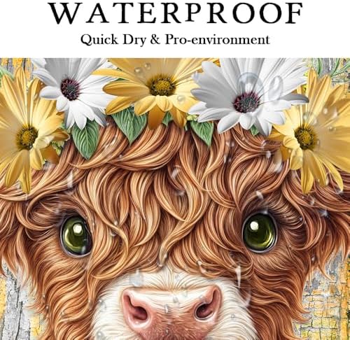 Cute Baby Highland Cow Shower Curtain, Farmhouse Yellow Wooden Daisy Shower Curtain for Bathroom Set, Funny Cattle Rustic Animal Fabric Waterproof Shower Curtains for Bathtub Decor with Hooks 70X75in