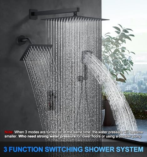 Woindo Shower Faucet Set, 12" Wall Mount Rainfall Shower System with 2 Rain Shower Head and Multi-function Handheld Head Push Button Diverter Shower Faucet Trim Kit