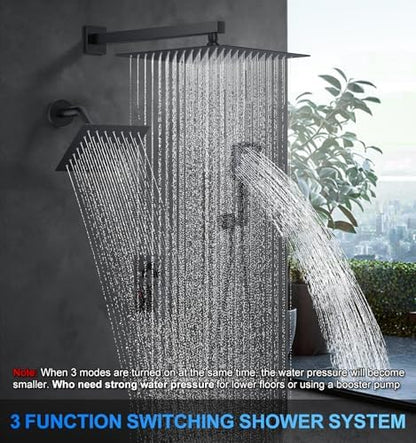 Woindo Shower Faucet Set, 12" Wall Mount Rainfall Shower System with 2 Rain Shower Head and Multi-function Handheld Head Push Button Diverter Shower Faucet Trim Kit