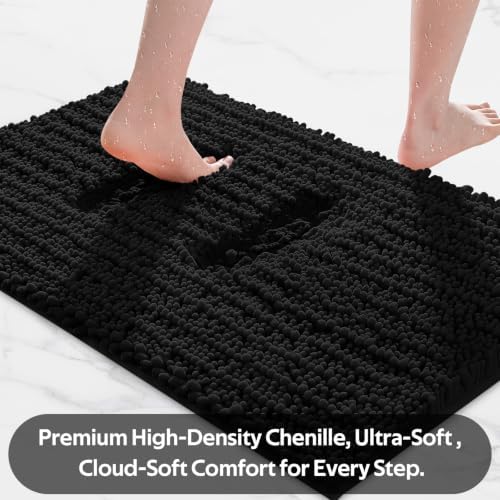 ACCUMTEK Upgrade Luxury 2 Piece Black Toilet Bathroom Rug Mat 60"x20"+32"x20", Ultra Soft Thick Absorbent Bath Mats, Non Slip Chenille Toilet Mat for Bathroom, Bedroom, Kitchen, Shower, Tub