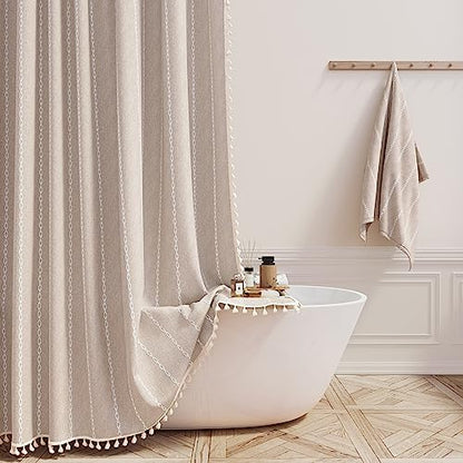 BTTN 60x72 Boho Farmhouse Linen Heavy Duty Shower Curtain Set, Tan/Taupe