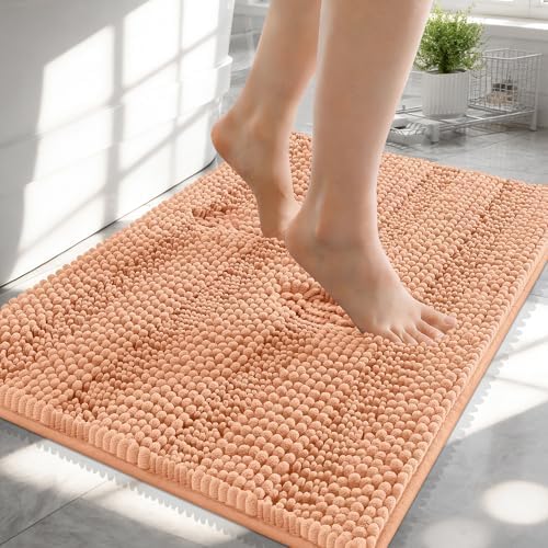 OLANLY Thick Small Bathroom Rugs 24x16, Soft Chenille Bath Rugs, Peach