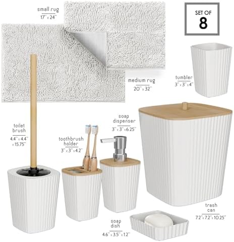 Clara Clark Bathroom Set - White Bathroom Accessories Set, 6PC Bathroom Accessory Set, Bathroom Sets with Bathroom Rugs, Toilet Brush, Trash Can & Soap Dispenser