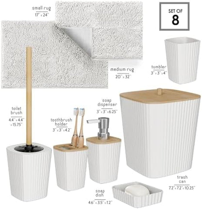 Clara Clark Bathroom Set - White Bathroom Accessories Set, 6PC Bathroom Accessory Set, Bathroom Sets with Bathroom Rugs, Toilet Brush, Trash Can & Soap Dispenser