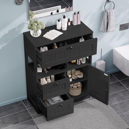 GRUSIGN Storage Cabinet, Modern Bathroom Floor Storage Cabinet Organizer with 1 Door and 3 Drawers, Freestanding Cupboard for Kitchen/Living Room Use