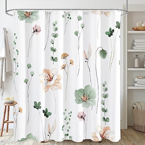 Gibelle Sage Green Beige Watercolor Floral Fabric Shower Curtain, 72x84
