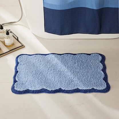 Ohocut Luxury Microfiber Bathroom Rugs, Navy Scalloped Piping Blue Bath Rug Cute Aesthetic Coastal Nautical Bath Mat for Bathroom, Tub, Floor, Sink, Shower, Anti Slip, Absorbent, 32x20
