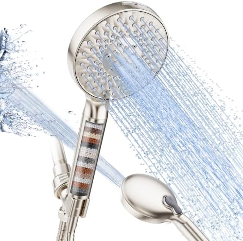 SR SUN RISE Filtered Shower Head with Handheld High Pressure 9 Spray Mode Showerhead Detachable Shower Head Water Softener Filters Beads for Hard Water Remove Chlorine 1 Filter Brushed Nickel