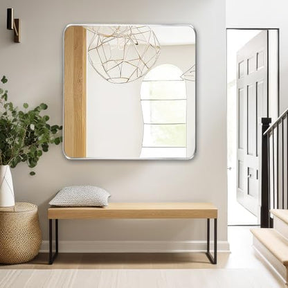 Silver Bathroom Vanity Mirror Over Sink 28x28, Wall Square Mirror, Chrome