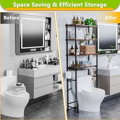 Over-The-Toilet Storage Shelf,4-Tier Bathroom Organizer Cabinet Rack And Storage Over Toilet With Shelf Waterproof Feet Pad And Basket,Multifunctional Space Saver Freestanding Bathroom Shelves（Brown）