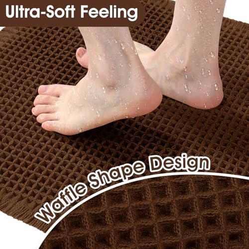 Waffle Bath Mat, Boho Woven Modern Bath Rug Absorbent Non Slip, Ultra Soft Bathroom Mats, Machine Washable Knit Bath Rugs with Tassels for Bathroom, Bedroom, Kitchen, Shower, Tub, 36"x24", Brown