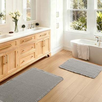 JIUZHEN Set of 2 Waffle Bathroom Rugs Boho Bath Mats 16"x24"+24"x36", Grey