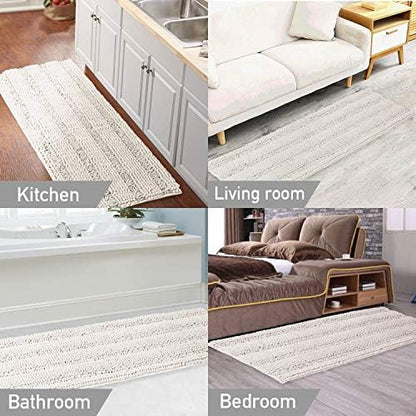 Turquoize Non Slip Shaggy Chenille Microfibers Bathroom Rug Ivory Bathroom Mat Extra Long Bath Rug 59 x 20 Kitchen Rugs and Mats, Super Water Absorbent & Soft Washable Bath Rug for Kitchen, Ivory