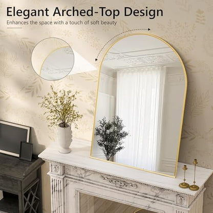 Arched Bathroom Mirror for Wall, 36" x 24" Metal Frame Vanity Mirror, Gold