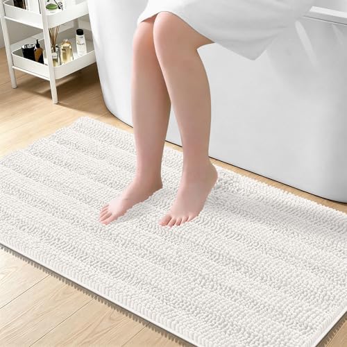 OLANLY Thick Large Bathroom Rugs 45x27, Soft Chenille Bath Rugs, Ivory