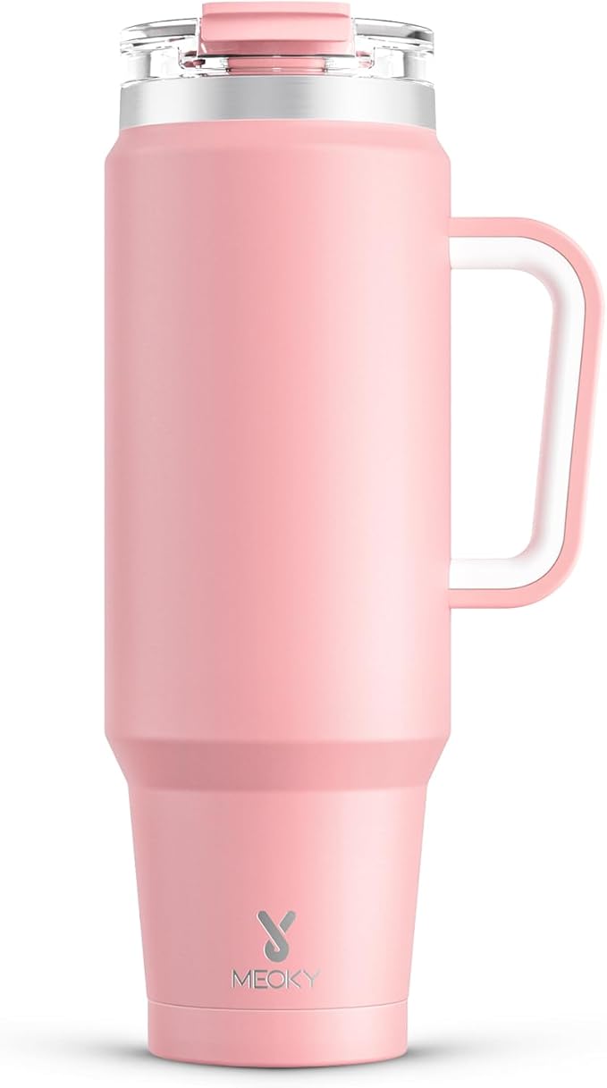 Meoky 40 oz Tumbler with Handle and Straw, Insulated Tumbler with Lid and Straw, Stainless Steel Travel Mug, Keeps Cold for 34 Hours, 100% Leak Proof, Fits in Car Cup Holder (Blush)