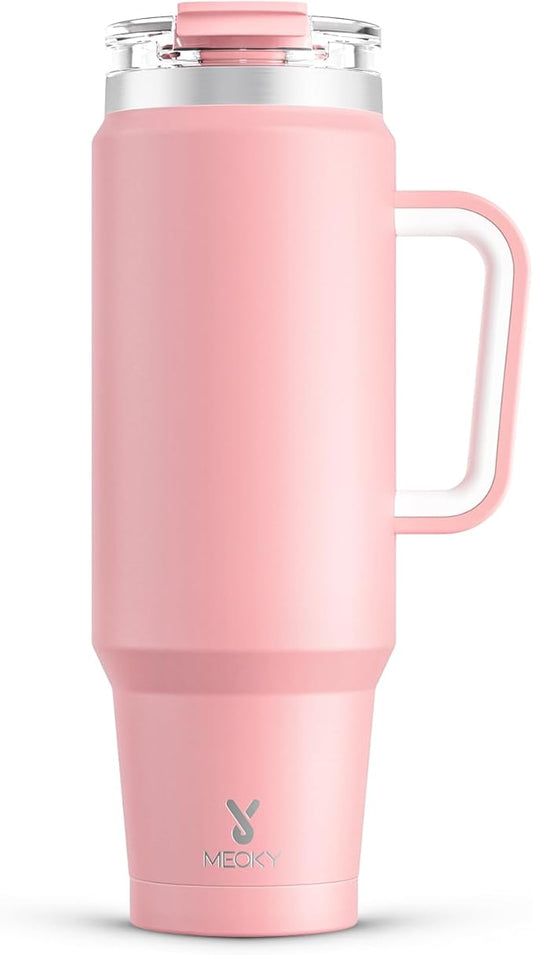 Meoky 40 oz Tumbler with Handle and Straw, Insulated Tumbler with Lid and Straw, Stainless Steel Travel Mug, Keeps Cold for 34 Hours, 100% Leak Proof, Fits in Car Cup Holder (Blush)