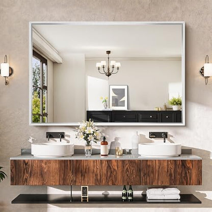CIRCUMI 60"x40" Brushed Silver Bathroom Mirror, Double Sink Vanity Mirror