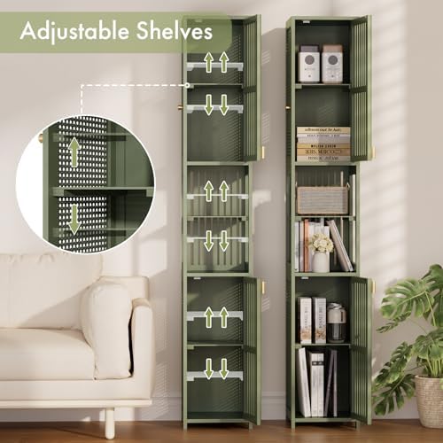 Amazer Tall Bathroom Storage Cabinet 70'', Freestanding Cabinet Storage with Rattan Door and Adjustable Shelves, Bamboo Narrow Storage Cabinet Organizer for Living Room Kitchen, Forest Green