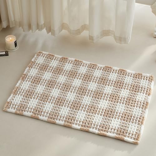 TYUU Waffle Bath Mat, Boho Bathroom Rugs Non Slip, 30x20 Khaki & White