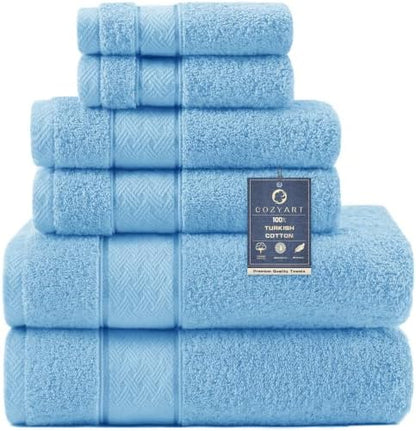 COZYART Bath Towel Set 6 PCS, Sky Blue 100% Turkish Cotton 650GSM Soft