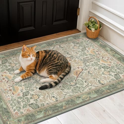 Boho Large Entryway Rugs Indoor - Sage Green 3x5 Washable Rugs for Kitchen Bedroom Beside Bed Laundry Room Door Mat Indoor Entrance with Light Green Woodland Flowers, Non Slip Stain Resistant Low Pile