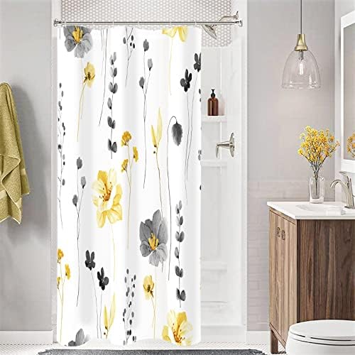 Gibelle Yellow Beige Watercolor Floral Fabric Shower Curtain, 36x72