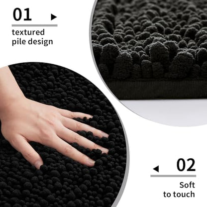 Disolla Black Bath Mat 24x36 Inch - Luxury Chenille Bathroom Rug, Extra Soft Shaggy Plush Absorbent Mat, Non-Slip Washable Rug for Bathtub, Shower and Bedside