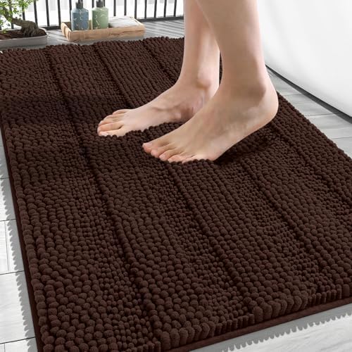 OLANLY Thick Bathroom Rugs 34x21, Soft Chenille Striped Bath Rugs, Brown