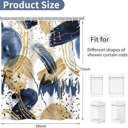 deFouliao Boho Shower Curtain, Mid Century Abstract Blue Gold Waterproof Shower Curtain for Bathroom Bathtub Home Curtain Decor, Washable with Hooks, 60Wx72L