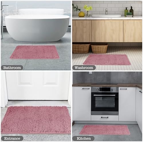 Yeaban Chenille Dusty Rose Bathroom Rug 26"x44", Non-Slip Rubber Backing