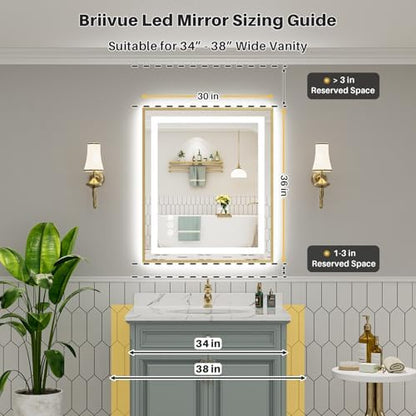 36x30 Inch LED Bathroom Mirror with Gold Frame, Backlit & Front Lit