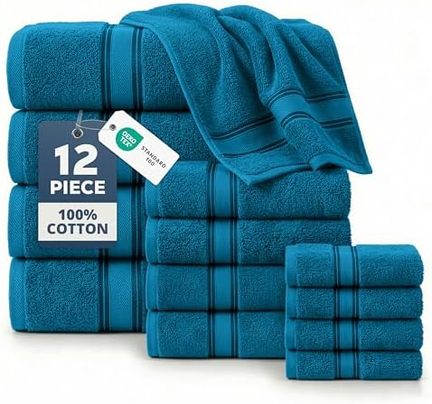 LANE LINEN Towel Set Quick Dry 100% Cotton 12 Piece Soft - Sea Port
