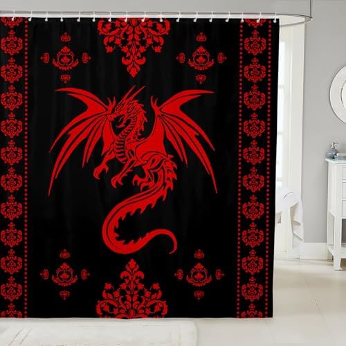 Feelyou Dragon Shower Curtain Kids Boys Teens Gothic Damask Paisley Floral Bathroom Waterproof Accessories with 12 Hooks 72x84 Inches Women Bohemian Exotic Animal Theme Room Decor,Red Black