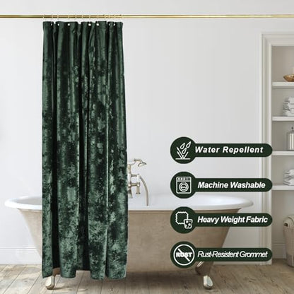 TAMGHO Crushed Velvet Shower Curtain, Dark Green Luxury Shower Curtain with Gold Decro Metal Hooks, Machine Washable Thick Fabric Bathroom Curtain, 72x72