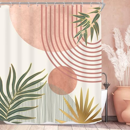 Mid Century Pink Green Boho Abstract Modern Bathroom Shower Curtain Set