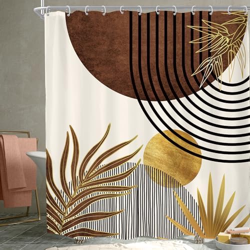 Mid Century Brown Boho Abstract Modern Retro Bathroom Shower Curtain Set