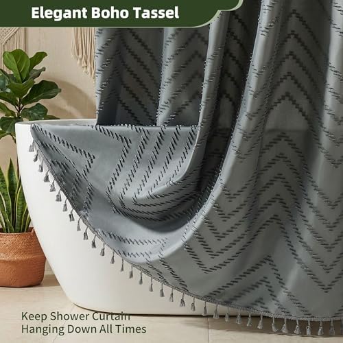 Siiluminisoy Extra Long Grey Boho Shower Curtain with Tassel, Woven Fabric 96 in Shower Curtain, Tufted Chevron Striped, 72 x 96, Modern Chic Textured Minimalist Bathroom Shower