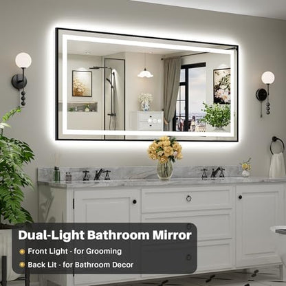 72x36 Inch LED Bathroom Mirror with Black Frame, Backlit & Front Lit