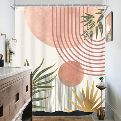 Mid Century Pink Green Boho Abstract Modern Bathroom Shower Curtain Set