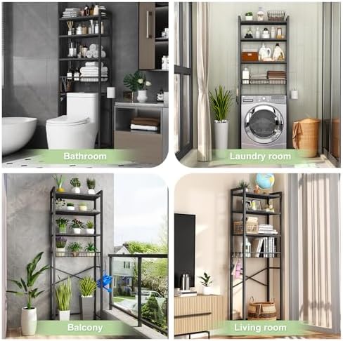 Kalrin Over-The-Toilet Storage Rack, 4-Tier Bathroom Organizer Shelf Over Toilet with Adjustable Shelf and Basket, Freestanding Space Saver Bathroom Shelves Above Toilet for Room (Pure Black)