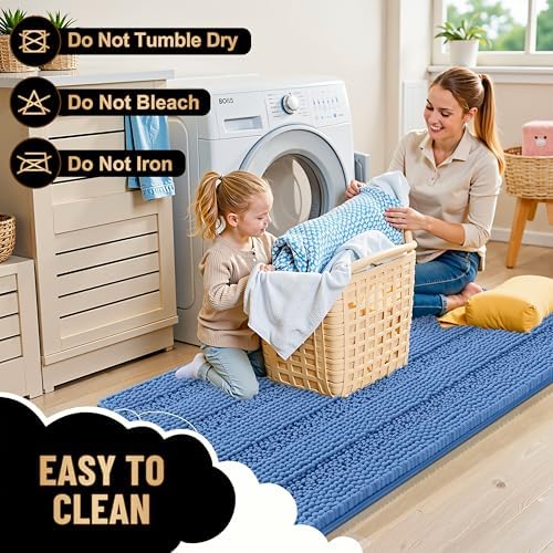 OLANLY Bathroom Runner Rugs 47x24, Soft Chenille Bath Rugs, Cornflower Blue