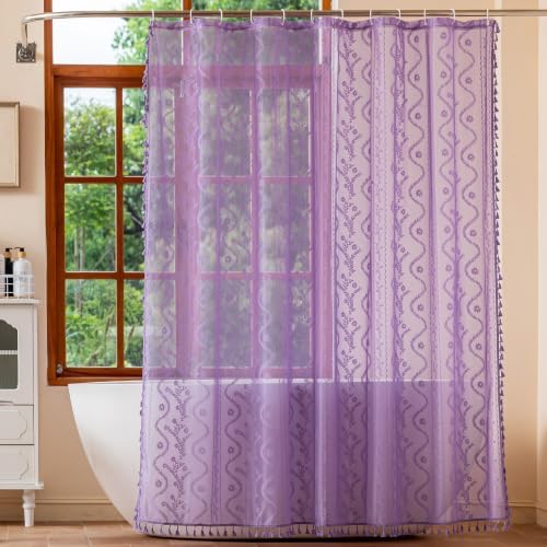 WAZZIO Purple Lace Shower Curtain for Bathroom 72" W x 84" L, Victorian Farmhouse Floral Pattern Tassel Fancy Shower Curtain Boho Washable Cloth Decorative Bath Curtains,1 Panel
