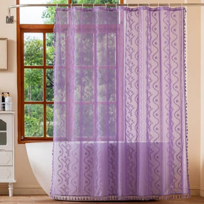 WAZZIO Purple Lace Shower Curtain for Bathroom 72" W x 84" L, Victorian Farmhouse Floral Pattern Tassel Fancy Shower Curtain Boho Washable Cloth Decorative Bath Curtains,1 Panel