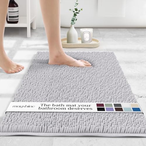 MAYSHINE Small Plush Shaggy Chenille Bath Mat, 23"x14"| Extra Soft, Super Absorbent, Non-Slip Bathroom Rug | Fluffy Microfiber, Area Rug Sets for Bathroom Floor, Kitchen, Living Room | White
