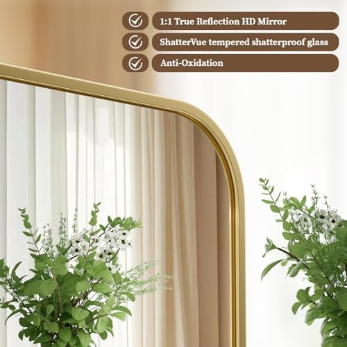 BEAUTYPEAK 20" x 28" Rectangular Aluminum Alloy Frame Wall Mounted Bathroom Mirror with Rounded Corners, Gold