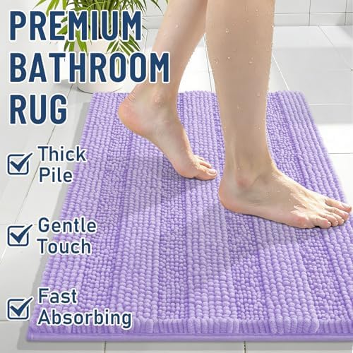 Grandaily Chenille Striped Bathroom Rugs 47x24, Extra Thick and Soft Absorbent Bath Mats, Rubber Backing, Plush Shaggy Shower Carpet, Machine Wash Dry, Bath Rug for Bathroom, Light Purple