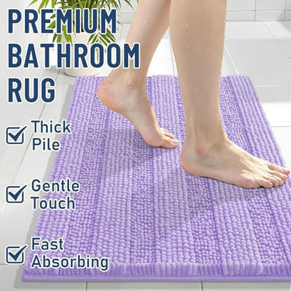 Grandaily Chenille Striped Bathroom Rugs 59x24, Extra Thick and Soft Absorbent Bath Mats, Rubber Backing, Plush Shaggy Shower Carpet, Machine Wash Dry, Bath Rug for Bathroom, Light Purple